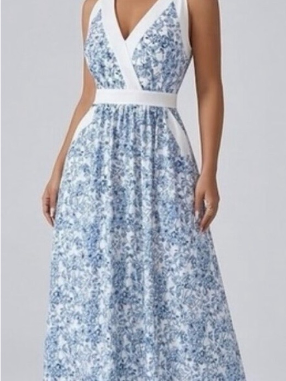 Serene Azure Floral V-Neck Maxi Dress With Pockets Blue